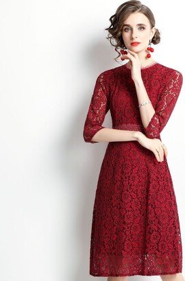 Kaimilan Red Cocktail & Party A-Line Crewneck Elbow Sleeve Knee Lace Dress