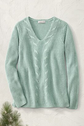 Women's Cabled V-Neck Shaker Sweater - Sea Glass - PS - Petite Size