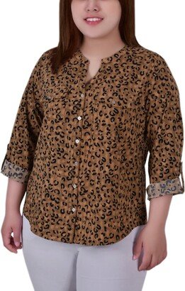 Plus Size 3/4 Sleeve Roll Tab Y Neck Blouse