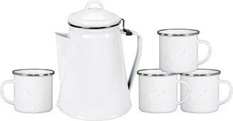 Enamel 8 Cup Coffee Pot With Percolator and 4 12oz Mugs White