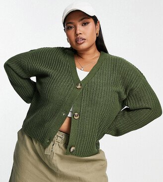 Brave Soul Plus daisy fisherman knit cardigan in forest green