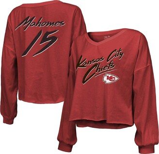 Women's Threads Patrick Mahomes Red Kansas City Chiefs Name and Number Off-Shoulder Script Cropped Long Sleeve V-Neck T-shirt