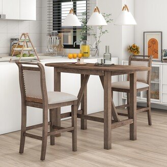 Aoolive 3-Piece Wood Counter Height Drop Leaf Dining Table Set for Small Place, with 2 Upholstered Dining Chairs