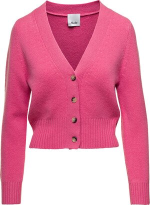 Pink V Neck Cardigan With Ribbed Trim In Stretch Cashmere Woman