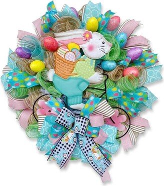 Large Whimsical Easter Bunny Wreath For Porch, Rabbit Porch Decor, Brightly Colored Decoration, Spring Door Decor