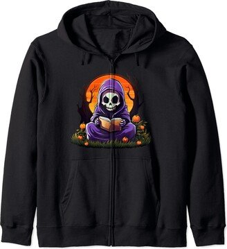 I Love Halloween Grim Reaper DonaOnca Spooky Grim Reaper Reading A Book Cute Creepy Halloween Zip Hoodie