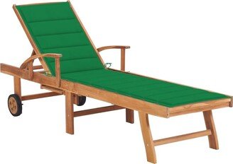 Sun Lounger with Green Cushion Solid Teak Wood - 76.8 x 23.4 x 13.8