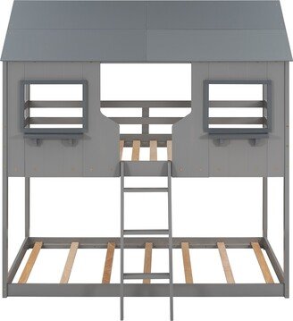 IGEMAN Gray Twin Over Twin Bunk Bed Wood Bed with Roof, Window, Guardrail, Ladder, 77.4''L*55.4''W*82.2''H, 155LBS