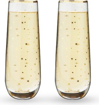 Starlight Stemless Champagne Glasses, Set of 2 10 oz Festive Gold Rim Flutes, Decorative Barware, Gold