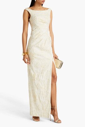 Draped metallic jacquard gown