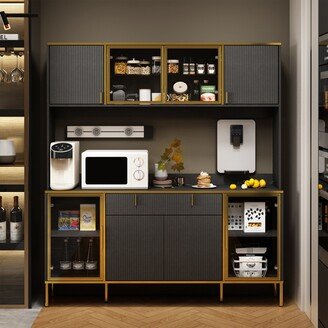 Timechee Modern Luxe Black Hutch Cabinet with Gold Accents & Ripple Drawer Face
