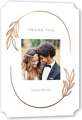 Wedding Thank You Cards: Ornate Oval Thank You Card, Rose Gold Foil, White, 5X7, Pearl Shimmer Cardstock, Ticket