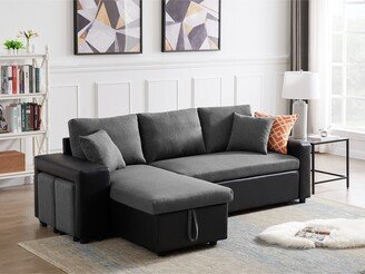TOSWIN PU and Fabric Cover Reversible Chaise Sleeper Sectional Sofa Convertible Sleeper Sofa Padded Seat with Storage and 2 Stools