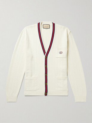 Logo-Appliquéd Striped Ribbed Cotton Cardigan-AA