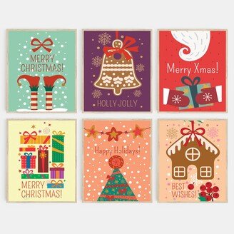 Merry Xmas Poster Set Of 6 Prints, Christmas Printed Unframed Wall Art, Happy Holidays & Best Wishes Written Decor