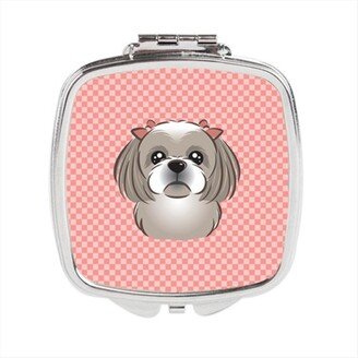 Awesome Apparel Checkerboard Pink Gray Silver Shih Tzu Compact Mirror, 2.75 x 3 x .3 In.