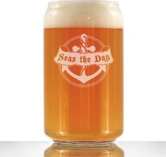 Seas The Day - Cute Beer Can Pint Glass, Etched Sayings, Funny Nautical Themed Birthday Gift For Ocean Lovers & Sailors Beach