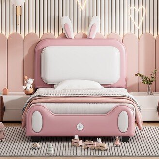 IGEMAN Twin Size PU Princess Bed Platform Bed with Cute Rabbit Design, White+Pink