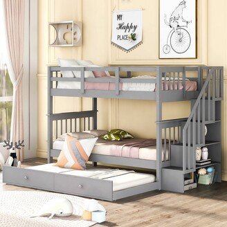 TOSWIN Modern Twin over Twin Wooden Bunk Bed with Full Length Guardrail, Trundle Bed and Handrail Stairs with Storge