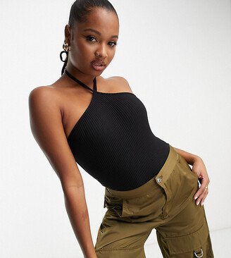 ASOS DESIGN Petite strappy halter neck ribbed bodysuit in black