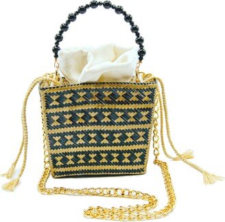 Washein Tuparro Black & Gold Small Handwoven Straw Basket Bag