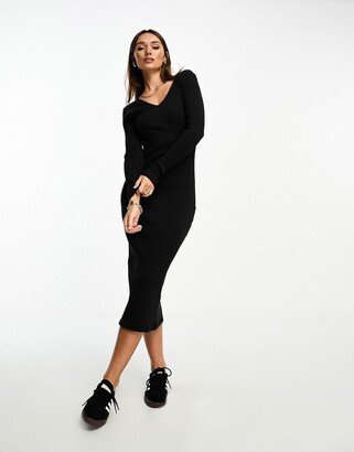 v neck ribbed midi dress in black