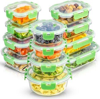 Glass Storage Containers with Leakproof Lids, Set of 12 - Clear, Green