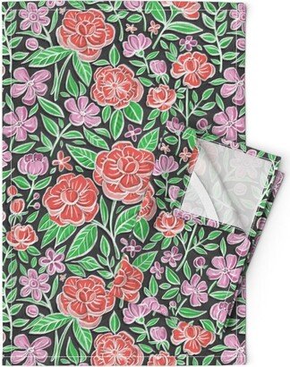 Blooming Garden Tea Towels | Set Of 2 - Chalkboard Floral By Micklyn Grass Green Linen Cotton Spoonflower