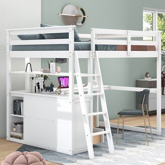 IGEMAN White Full Size Wood Loft Bed with 2 Built-in Drawers, Desk and Shelves, 79.5''L*57.1''W*65.7''H, 218LBS