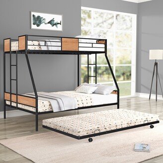 Twin over Full Black Metal Bunk Bed with Ladder and Trundle