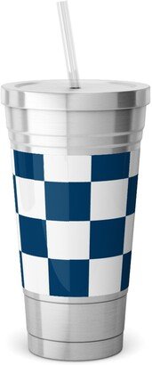 Travel Mugs: Wonderland Checkerboard - Lonely Angel Blue & White Stainless Tumbler With Straw, 18Oz, Blue