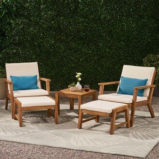 Snake River Décor Outdoor Mid-Century Modern Acacia Wood 2 Seater Set Ottomans Brown