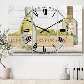 Designart 'White Chardonnay Wine Bottles' Cottage 3 Panels Oversized Wall CLock - 36 in. wide x 28 in. high - 3 panels