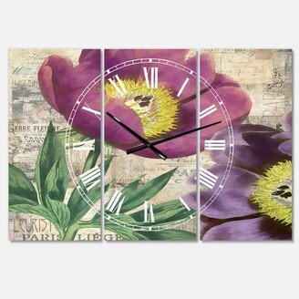 Designart Purple Peonies Oversized Cottage 3 Panels Wall Clock - 38