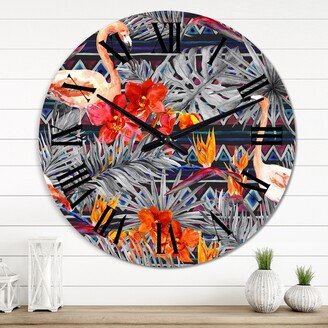 Designart 'Pink Flamingo And Orange Exotic Flowers' Patterned wall clock
