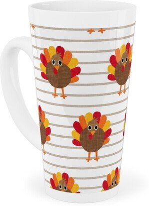 Mugs: Cute Thanksgiving Turkey - On Khaki Stripes Tall Latte Mug, 17Oz, Orange