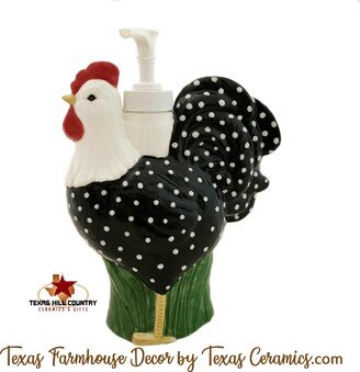 Rooster Chicken Refillable Soap Dispenser Texas Farmhouse Kitchen Decor, Tall Black Or With White Dots By Ceramics