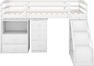 IGEMAN White Twin Size Wood Loft Bed with Multifunctional Movable Built-in Desk and and Staircase, 77.4''L*82''W*44.7''H, 188LBS