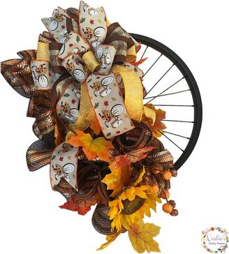 Fall Sunflower Bicycle Wreath, Bike Rim Front Porch Decor, Autumn Door Decor