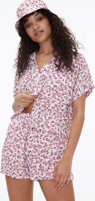 Women's Short Sleeve Floral Boyfriend Button-Down Shirt