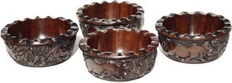 Set Of 4 Carved Iron Wood Bowls With Big Five Animals Carving Around. Brown Dinning Table Decor/ Centerpiece. African Gifts Ready To Ship