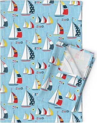 Sail Boats Tea Towels | Set Of 2 - Sailing By Jillbyers Light Blue Nautical Coastal Beach Decor Linen Cotton Spoonflower