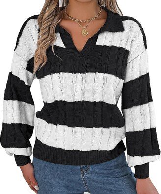 Cocoarm V Neck Turn Down Collar Stripe Pattern Sweater