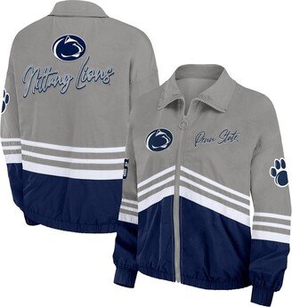 Women's Wear by Erin Andrews Gray Distressed Penn State Nittany Lions Vintage-Like Throwback Windbreaker Full-Zip Jacket