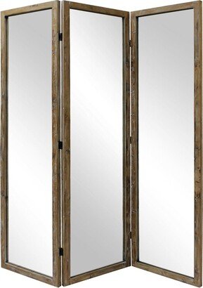 70 Inch 3 Panel Mirror Room Divider, Wood Frame, Distressed Brown