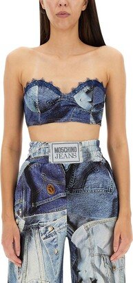 Allover Denim Printed Cropped Top