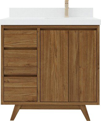 Madison Teak 36 In. W X 22 D Right Offset Sink Bathroom Vanity in Dark Natural With Quartz Or Marble Countertop | Modern Mid Century