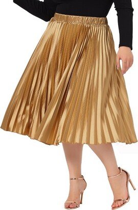 Agnes Orinda Women's Plus Size Pleated Stretched High Waist Premium Metallic Shiny Midi Skirts Gold 2X