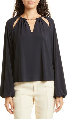 Varinda Balloon Sleeve Chain Neck Cutout Blouse