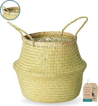Woven Seagrass Planter Basket For Indoor & Outdoor | Stylish Natural Wicker Belly With Plastic Liner Storage, Flower Pots